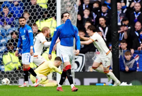 Rangers' Ianis Hagi (right) reacts as Motherwell's Tom Sparrow (rear) celebrates scoring his sides second goal during the William Hill Premiership match at Ibrox Stadium, Glasgow. Picture date: Saturday March 1, 2025.