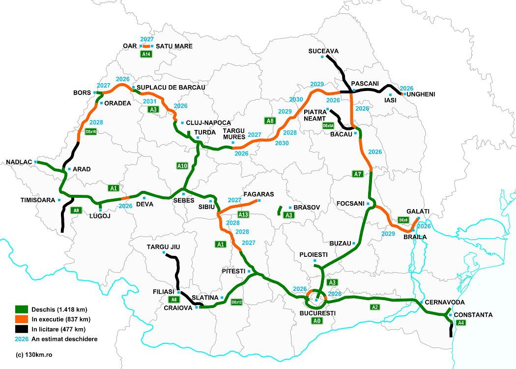 Harta autostrăzilor și drumurilor expres din Rom&acirc;nia. Sursa 130km.ro