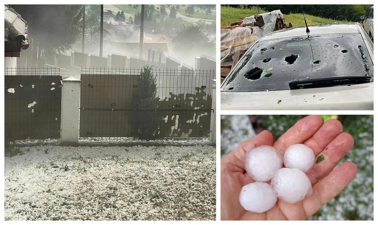 Autoturism ciuruit de grindină FOTO: Facebook/Meteoplus