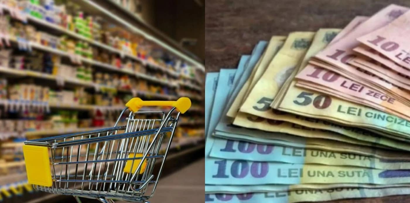 Colaj foto cu interiorul unui magazin, un carucior de cumpărături gol și un teanc de bancnote
