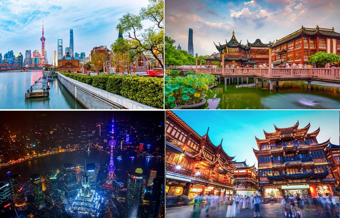 Colaj cu arhitectură modernă și veche în Shnaghai China Foto Smart Guide dms