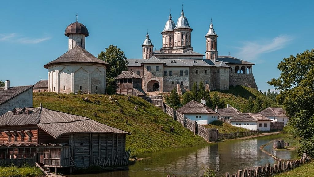 Tu știi ce biserici se văd în această imagine? A fost realizată cu ajutorul AI după un desen foarte vechi în creion / foto în articol